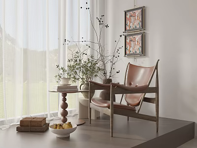Leather Leisure Chair With Wooden Frame Side Table Near Window Curtains And Decorative Paintings 3d model