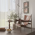 Leather Leisure Chair With Wooden Frame Side Table Near Window Curtains And Decorative Paintings