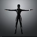 3D Character In Black Bodysuit With Black Helmet And Arms Outstretched On Gray Background