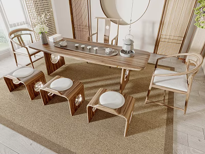 Natural Wooden Tea Table And Chairs With Round Cushions And Rattan Screens 3d model