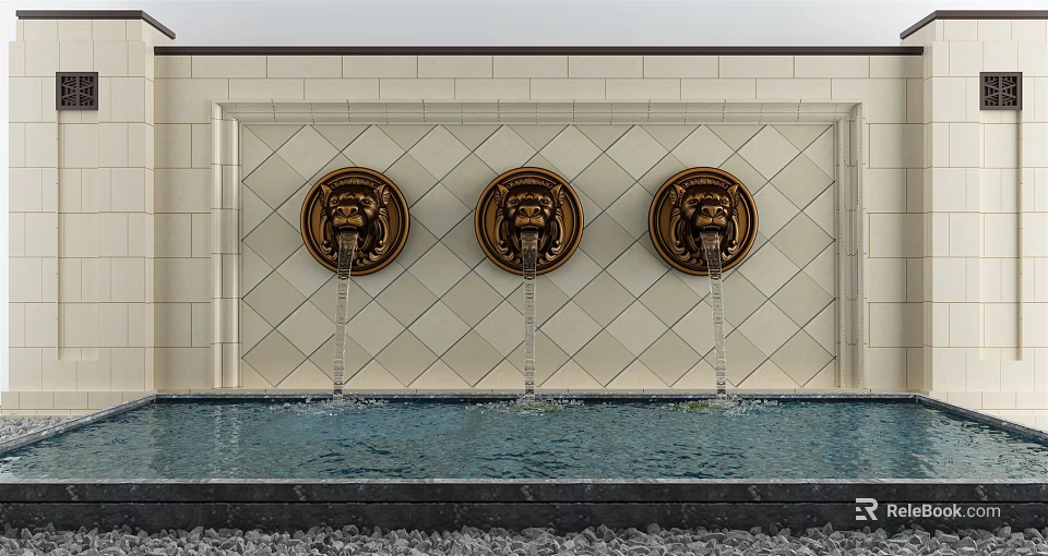 Garden Ornament Featuring Three Lion Head Fountains On Beige Tiled Wall With Water Pool 3d model 