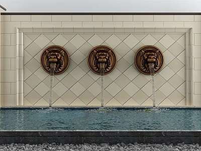 Garden Ornament Featuring Three Lion Head Fountains On Beige Tiled Wall With Water Pool 3d model