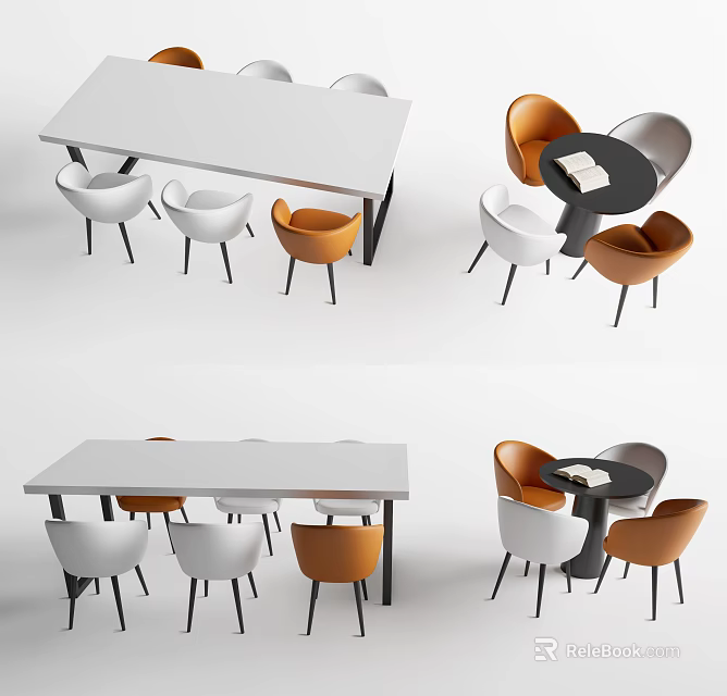 Modern Table and Chair Set with White Rectangular Round Tables Orange White Chairs 3d model