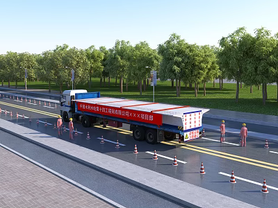 Blue Red Road Bridge Emergency Rescue Support Vehicle With Traffic Cones Workers Trees On Road 3d model