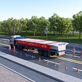Blue Red Road Bridge Emergency Rescue Support Vehicle With Traffic Cones Workers Trees On Road