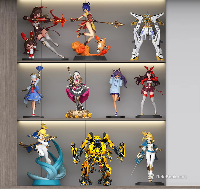 Collectible Anime Figurines Display on Shelf with LED Lighting and Multiple Layers 3d model 