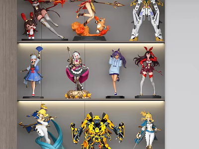 Collectible Anime Figurines Display on Shelf with LED Lighting and Multiple Layers 3d model