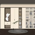 Elegant Modern Bookcase With Glass Doors LED Lighting Round Rug And White Statue