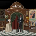 Live Stream Room in Jinsu Square with Vintage Oil Paintings Green Curtains Checkered Floor