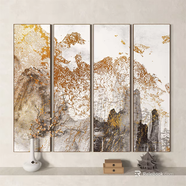 Modern Abstract Four Panel Canvas Wall Art With Gold Gray White Tones 3d model