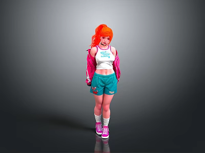 Stylish Woman with Orange Hair Wearing White Tank Top Pink Jacket and Blue Shorts 3d model