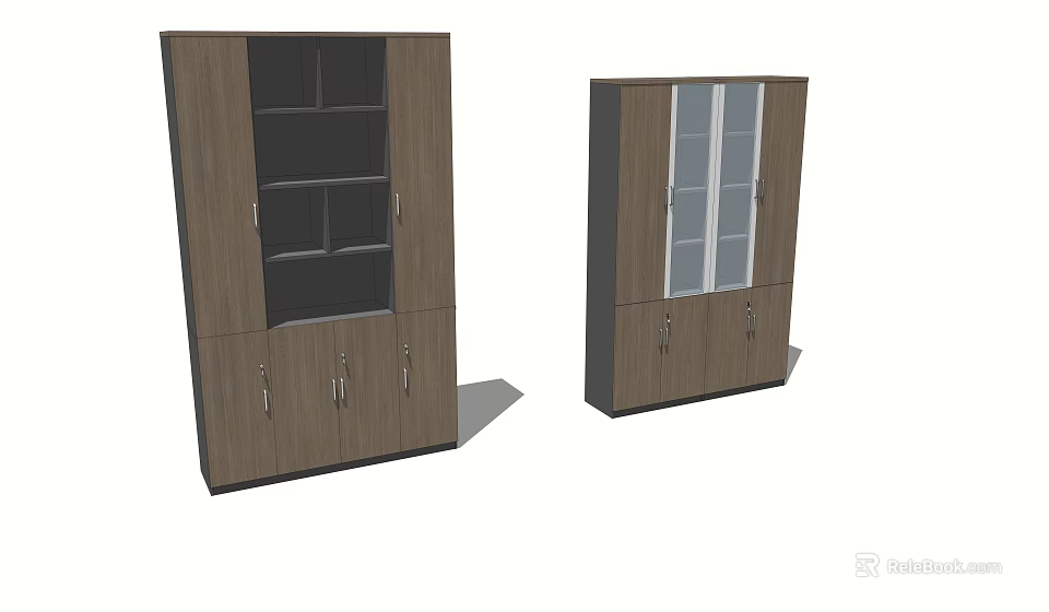 Two Modern Wooden Bookcases With Glass Doors Storage Shelves And Compartments Design 3d model 