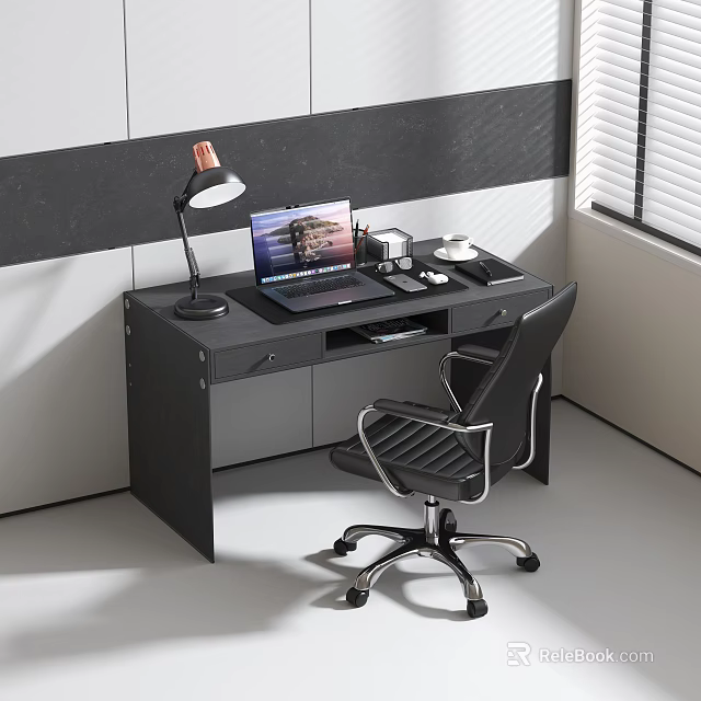 Black Modern Desk Setup With Laptop Desk Lamp And Office Chair 3d model 