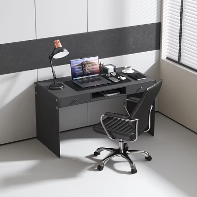 Black Modern Desk Setup With Laptop Desk Lamp And Office Chair 3d model