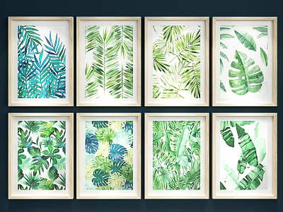 Framed Botanical Watercolor Paintings With Tropical Leaf Patterns And Green Blue Tones 3d model