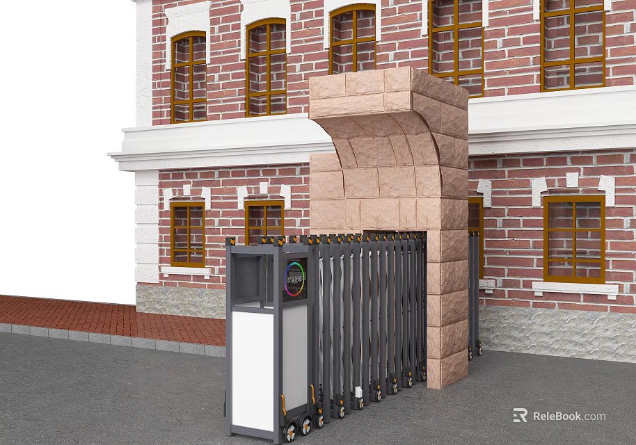 Red Brick Building Featuring Yellow Window Frames Electric Retractable Gate And Control Box 3d model 