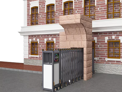 Red Brick Building Featuring Yellow Window Frames Electric Retractable Gate And Control Box 3d model