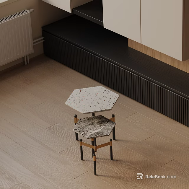 Stylish Hexagonal Side Table With Speckled Top And Wooden Black Legs On Wooden Floor 3d model 