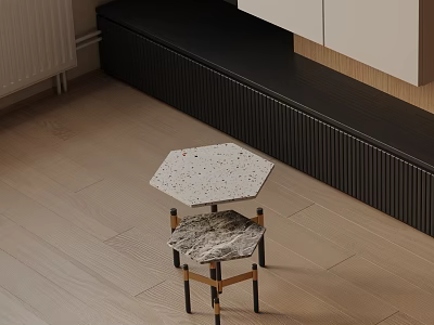 Stylish Hexagonal Side Table With Speckled Top And Wooden Black Legs On Wooden Floor 3d model