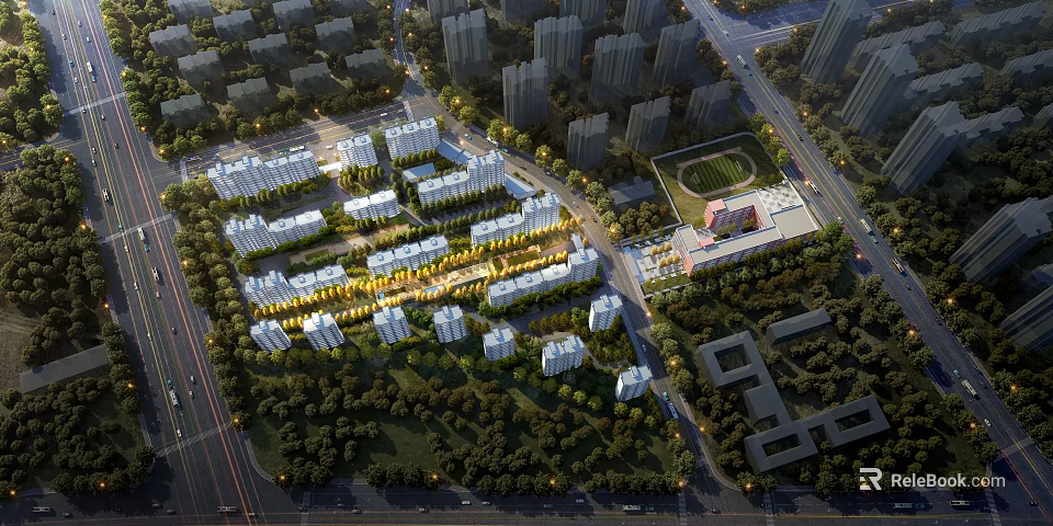 Aerial Planning of Residential Community With Greenery Roads and Facilities 3d model 