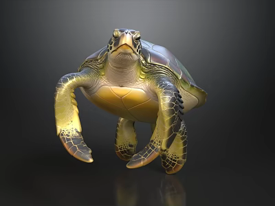 Detailed Sea Turtle With Green Shell Yellow Underbelly And Flippers On Dark Background 3d model