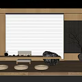 Traditional Japanese Tea Room with Wooden Floor Low Table Cushions Tea Sets and Potted Plant