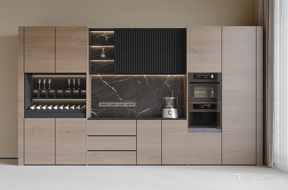 Modern Built-in Wine Cabinet Design With Wooden Cabinets And Marble Countertop 3d model 