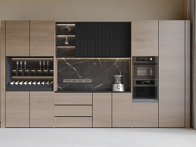 Modern Built-in Wine Cabinet Design With Wooden Cabinets And Marble Countertop 3d model