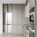 Modern Kitchen Interior With Light Gray Cabinets Marble Countertop Built in Oven And Wine Rack