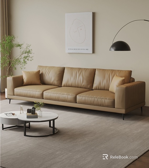 Brown Leather Three-Seater Sofa With Round White Coffee Table Minimalist Wall Art And Green Plant 3d model 