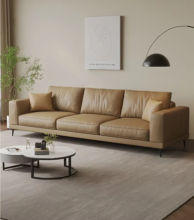 Brown Leather Three-Seater Sofa With Round White Coffee Table Minimalist Wall Art And Green Plant 3d model