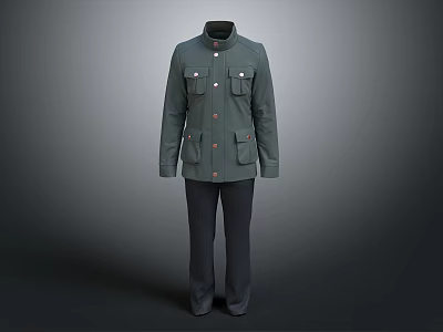 Green Stand Up Collar Coat With Pockets And Buttons Paired With Dark Pants Suit Set 3d model