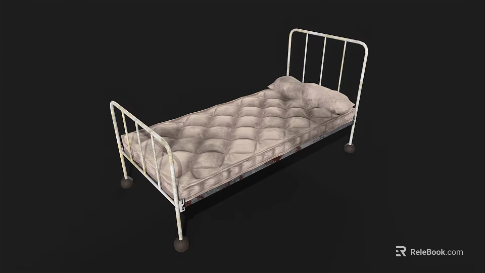 Single Bed with White Metal Frame Gray Tufted Mattress and Wheels 3d model 