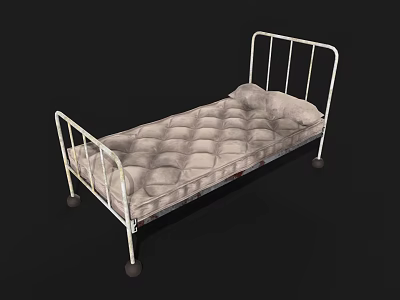 Single Bed with White Metal Frame Gray Tufted Mattress and Wheels 3d model
