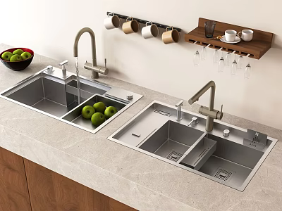 Modern Double Bowl Kitchen Sink With Quartz Countertop Wooden Cabinets Wall Mounted Rack And Mugs 3d model