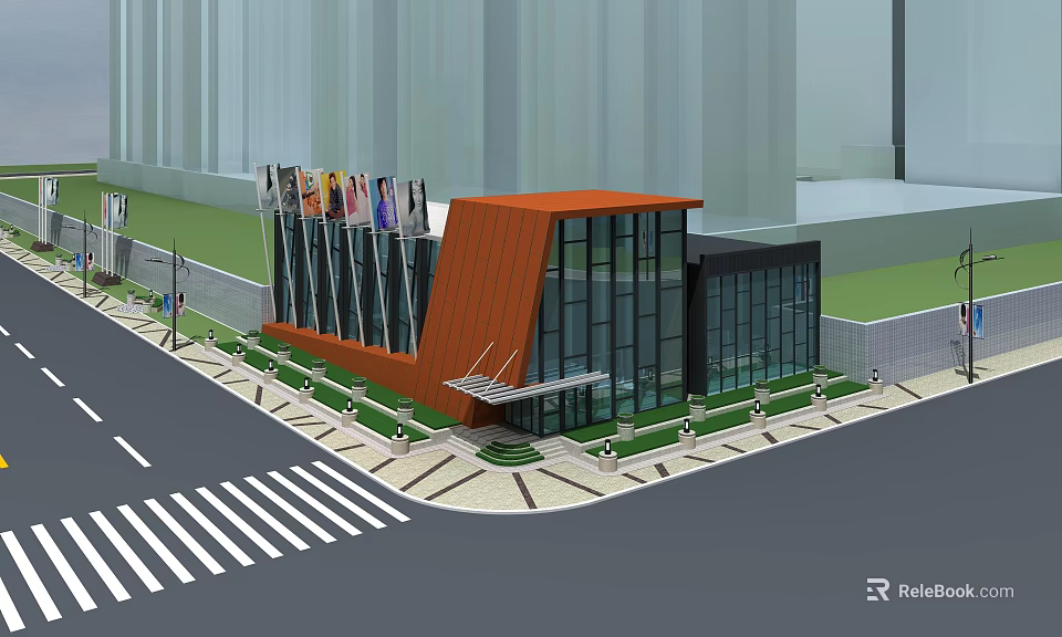Modern Sales Office Building with Orange Roof Glass Facade and Urban Street Landscaping 3d model 