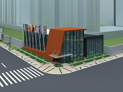 Modern Sales Office Building with Orange Roof Glass Facade and Urban Street Landscaping 3d model