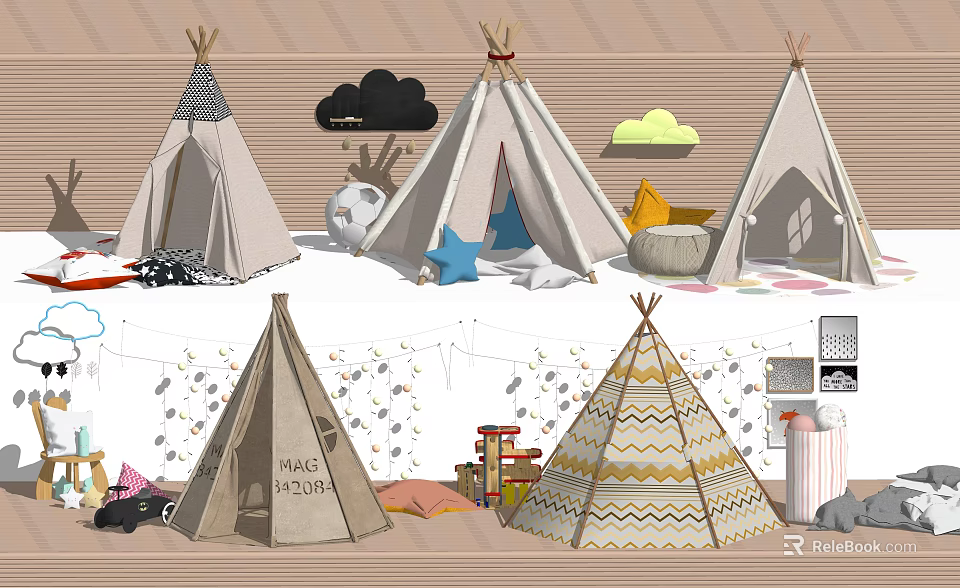 Various Teepee Tents with Cloud Decorations Star Pillows and String Lights 3d model 