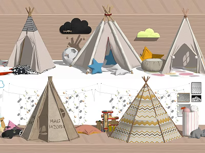 Various Teepee Tents with Cloud Decorations Star Pillows and String Lights 3d model