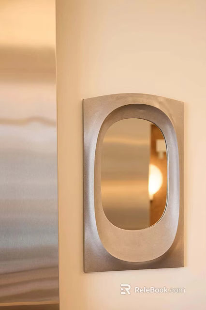 Stylish Modern Mirror With Unique Metal Frame Reflecting Warm Light On Light Beige Wall 3d model 