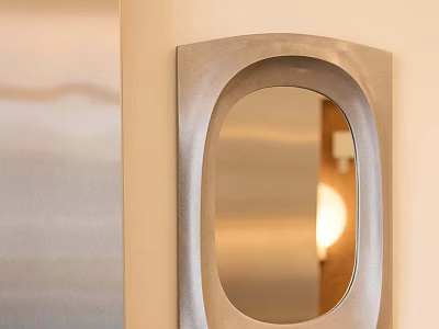 Stylish Modern Mirror With Unique Metal Frame Reflecting Warm Light On Light Beige Wall 3d model