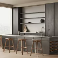 Modern Kitchen Interior With Sleek Gray Cabinets Island Stools And Built In Wine Rack