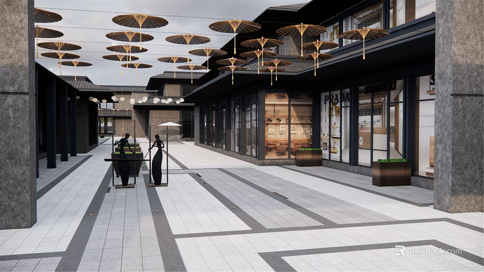Commercial Street With Hanging Umbrella Decorations Stone Pavement And Shops On Both Sides 3d model 