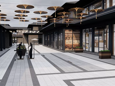 Commercial Street With Hanging Umbrella Decorations Stone Pavement And Shops On Both Sides 3d model