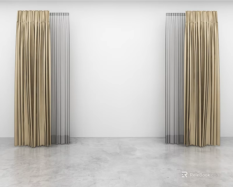 Modern Elegant Curtains With Textured Fabric And Transparent Sheer Panels 3d model
