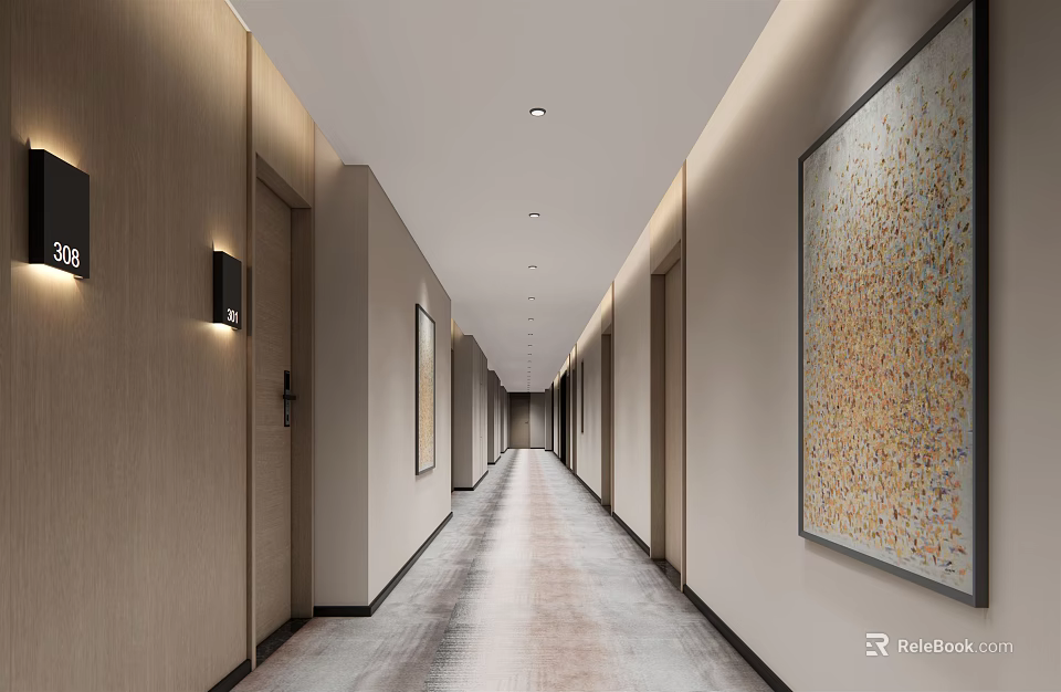Modern Hotel Corridor Interior With Beige Walls Doors Lighting And Decorative Artwork 3d model 