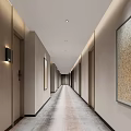 Modern Hotel Corridor Interior With Beige Walls Doors Lighting And Decorative Artwork