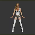 Woman in white tank top shorts and thigh-high boots with blonde hair on gray background