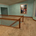 Light Green Wall Interior With Wooden Floor Railing And Hanging Painting Near Window