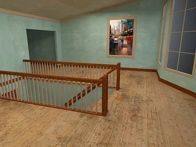 Light Green Wall Interior With Wooden Floor Railing And Hanging Painting Near Window 3d model